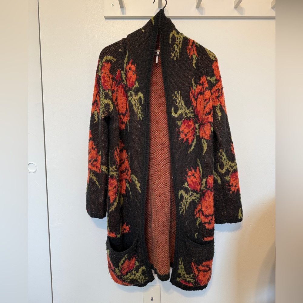 Free People Black Cardigan with Red and Green Floral Design